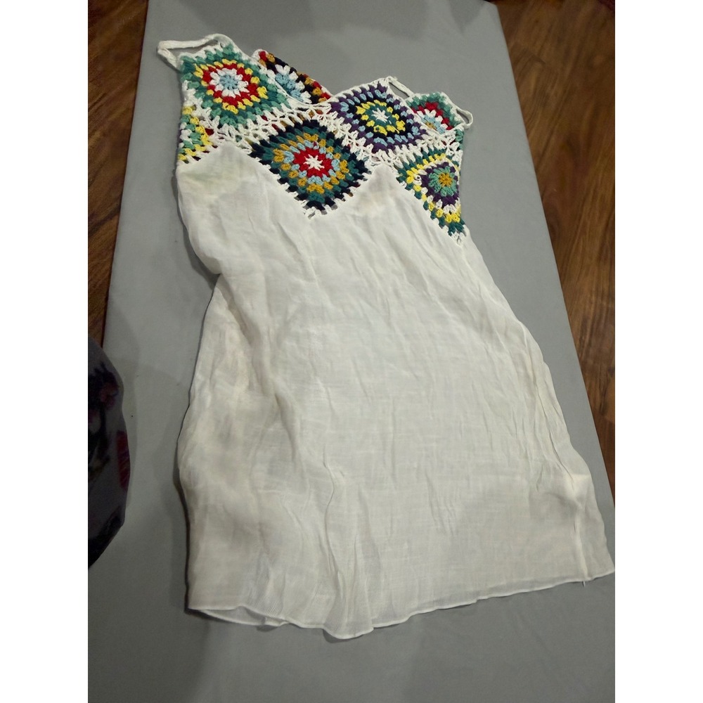Boho Womens Unbranded Crochet Granny Square Mini Dress Small White Multi